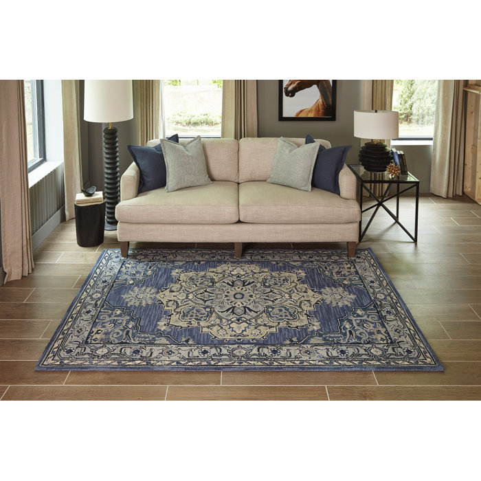 World Menagerie Lancaster Oriental Handmade Tufted Wool Denim Area Rug